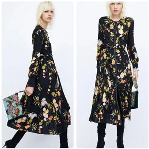 ZARA Black Floral Print  Button Down Flowy Cottagecore Maxi Dress Size S